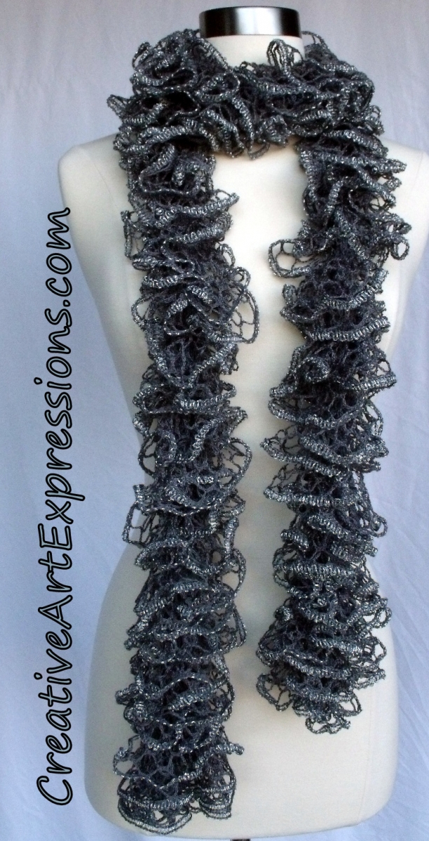 Creative Art Expressions Hand Knit Gray & Silver Ruffle Scarf